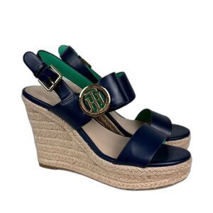 Tommy Hilfiger Espadrille Wedge Sandals 6.5 Blue Platform Ankle Strap
